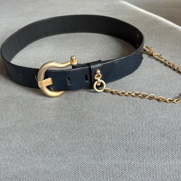 1990's Vintage Navy Leather Gold Chain Belt - Picture 3 of 6